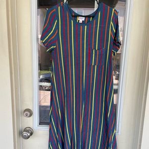 Gray Blue Carly with red, yellow and orange stripes -Lularoe - xs